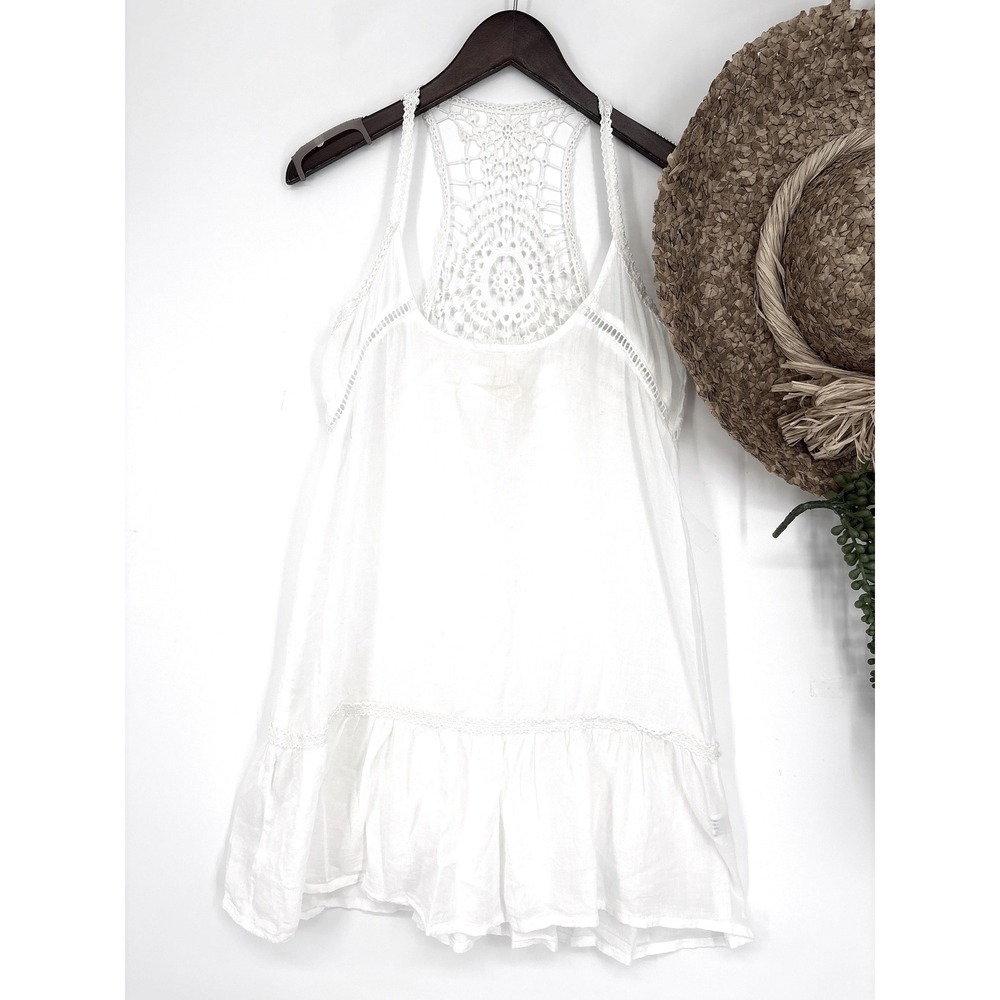 Bona Nova White Lace Crochet Racerback Ruffle Hem Sleeveless Tunic Top Size S‎